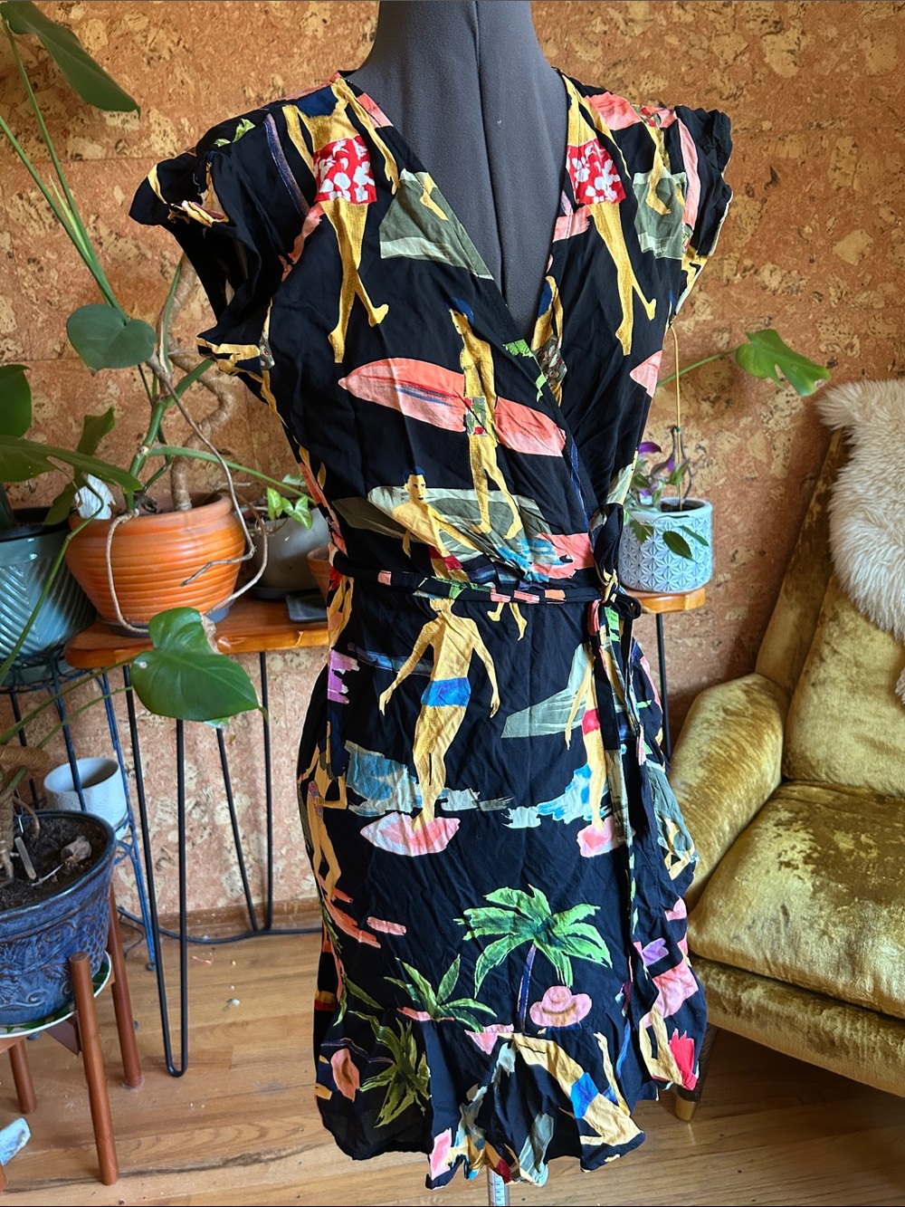Vintage Hawaiian Wrap Dress with Surfer Print - So Cute! EUC!